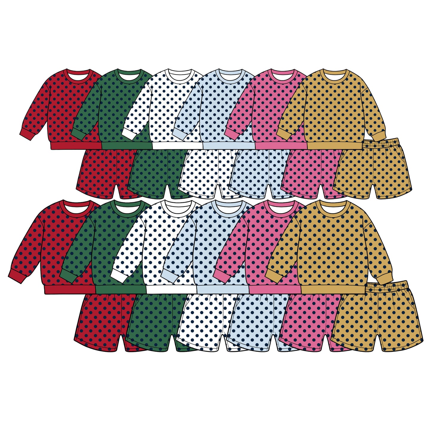 (Preorder new) No moq Kids And Adult Polka Dot Print Long Sleeve Crewneck Sweatshirt Pocket Shorts Outfit Set