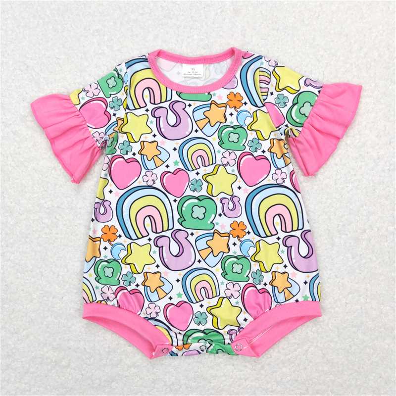 RTS NO MOQ Baby Girls rainbow short sleeve Rompers Dresses