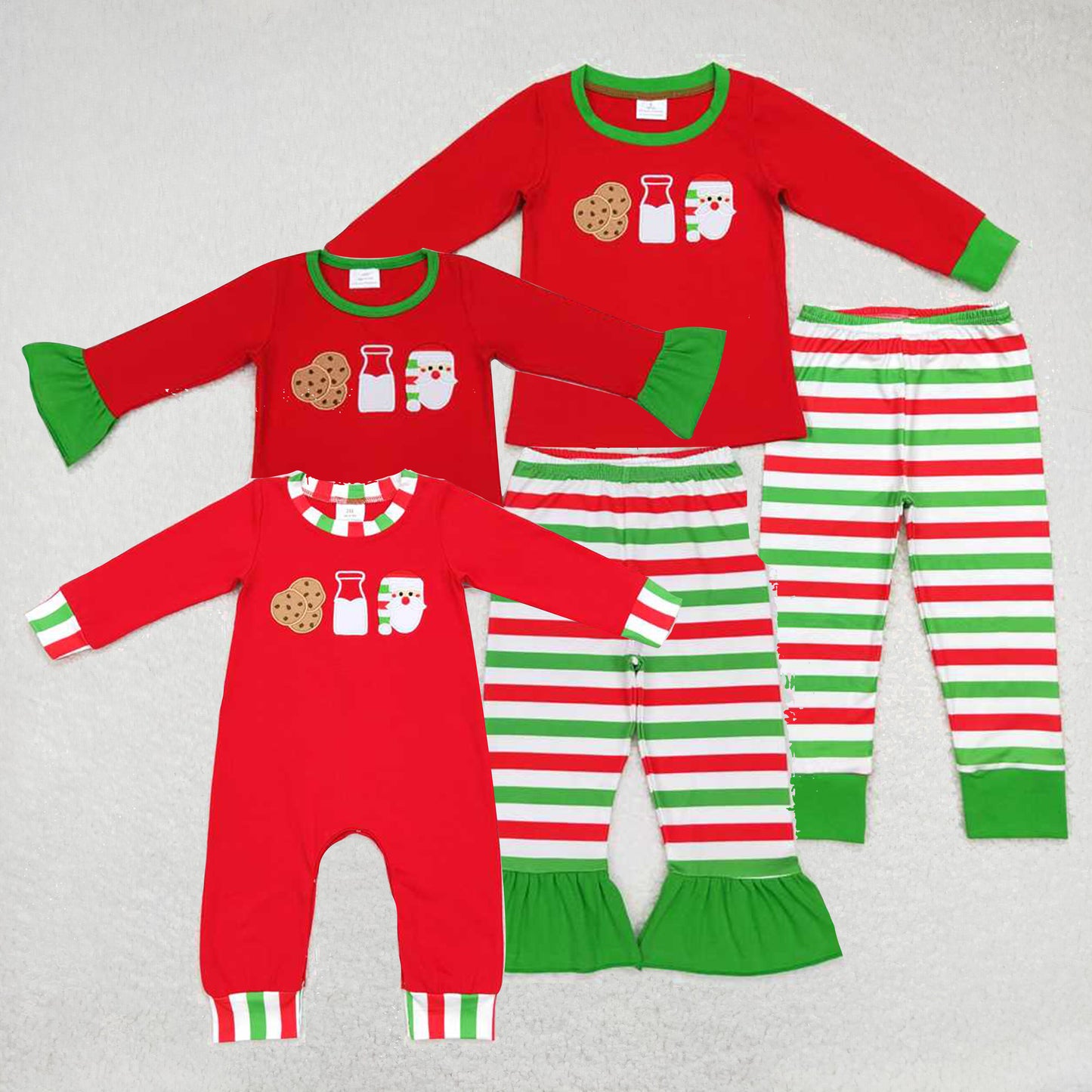 Baby Girls boys Christmas style Santa Claus cookies milk print red red and green stripes Sibling Rompers Clothes Sets