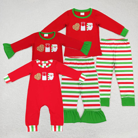 Baby Girls boys Christmas style Santa Claus cookies milk print red red and green stripes Sibling Rompers Clothes Sets