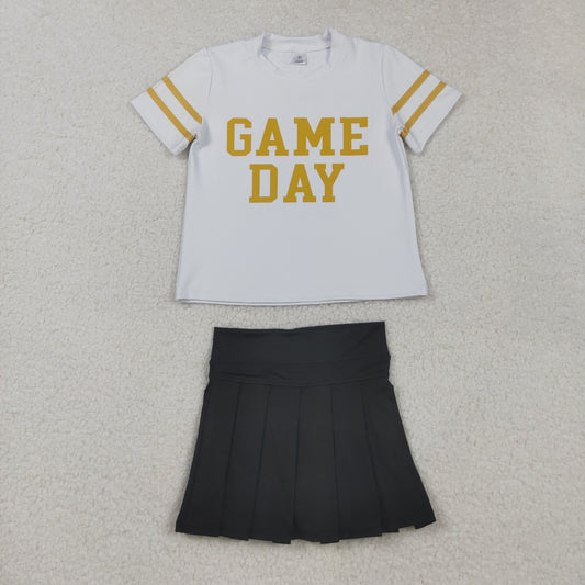 RTS NO MOQ（In Stock) GT1115+GLK0087 Game Day white yoga short-sleeved top with offset gold lettering and stripes Solid black yoga skirt set