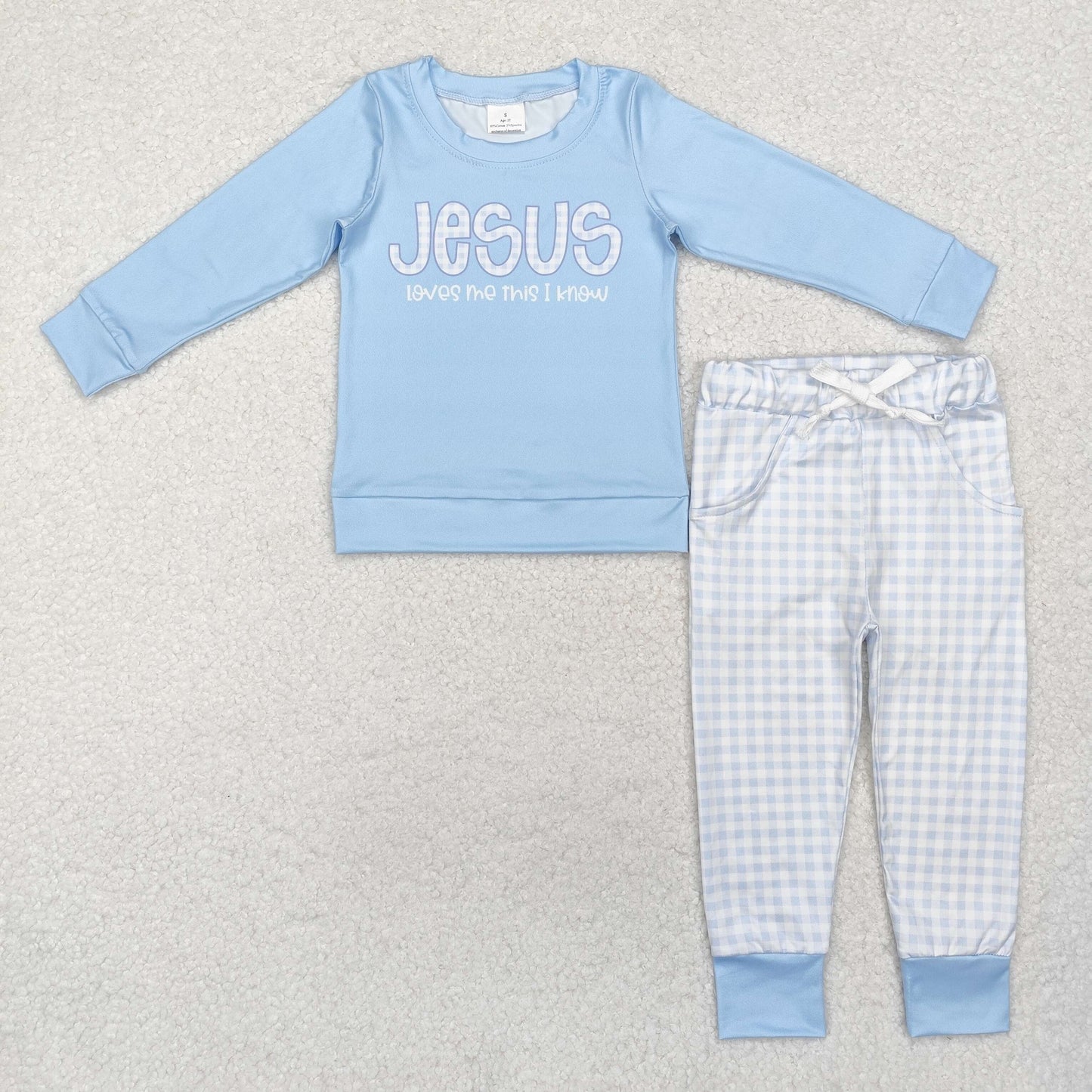 RTS NO MOQ（In Stock) Jesus letter light blue long-sleeved striped trousers set