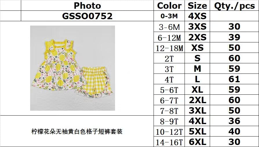 GSSO0752 Lemon flower sleeveless yellow and white plaid shorts suit