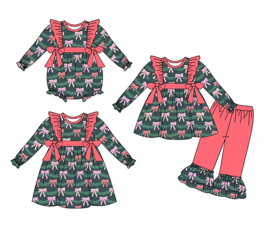 Custom moq 5 each style eta 6-7weeks baby girl clothes bow long sleeve pants sets and romper and dress -25.8.9
