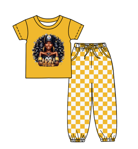 Custom moq 8 mix size milk silk summer teams baby boy clothes yellow plaid short sleeve pants sets-25.9.30