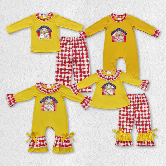 RTS NO MOQ Sibling Baby girls boy clothes embroidery farm long-sleeved trousers suit & romper