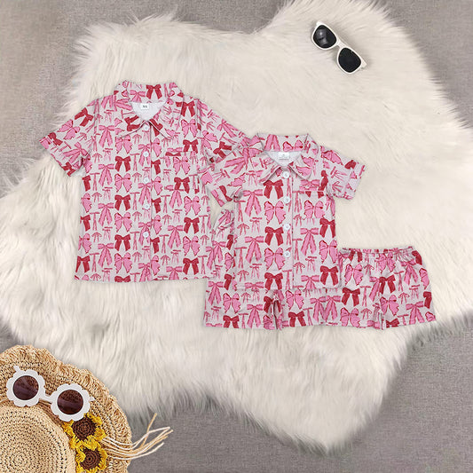 RTS NO MOQ Adult Girls bow Short Sleeve Shorts Pajama Set & kids shorts sets