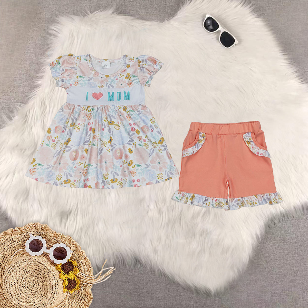 RTS NO MOQ baby girls clothes embroidery i love mom short sleeve Rompers Clothes Sets