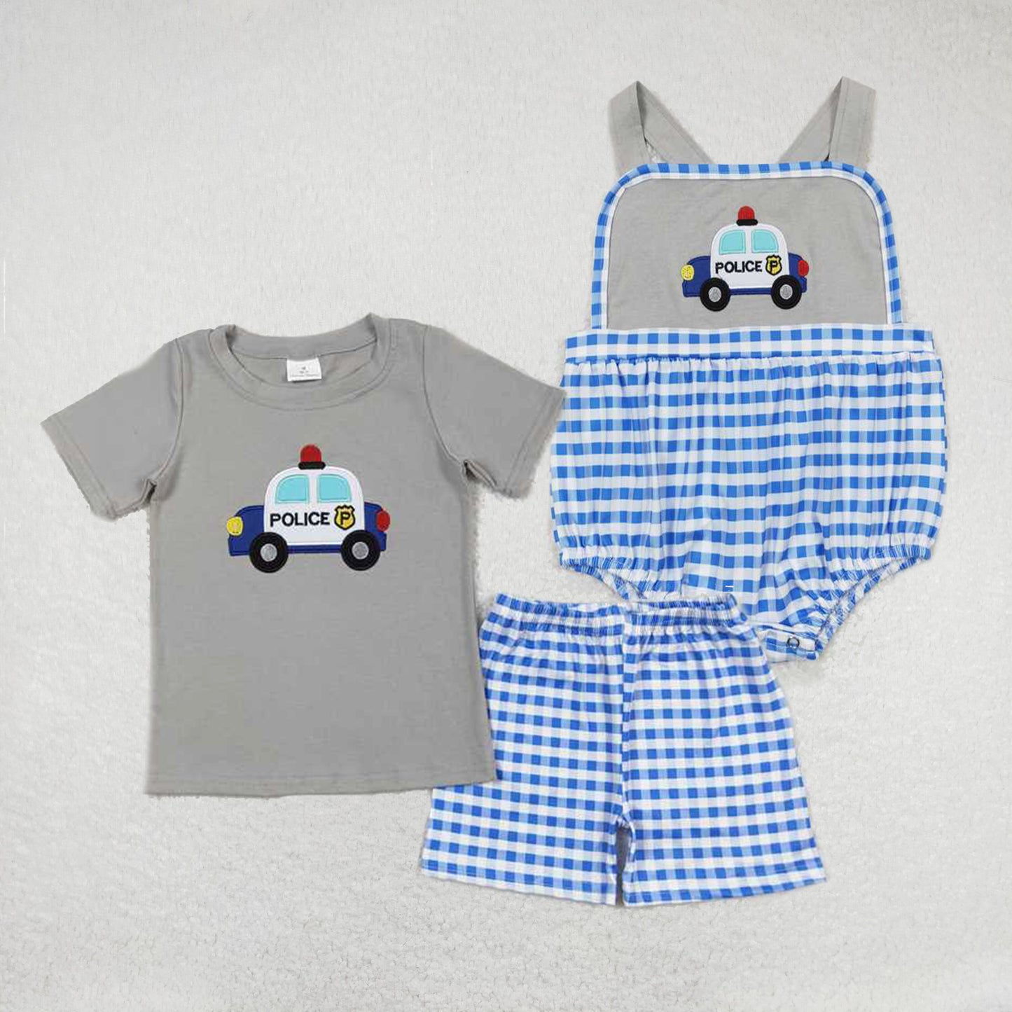 Baby boys police car prints solid color blue plaid Sibling Sister Clothes Sets
