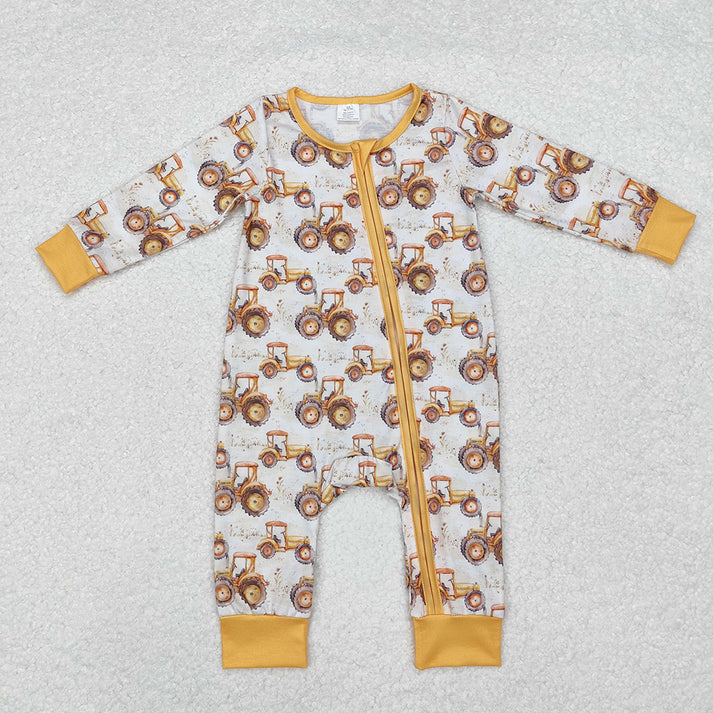 RTS NO MOQ Baby Boys Tractor yellow Rompers Pajamas sets