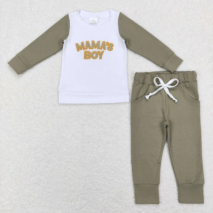 RTS NO MOQ Baby Girls Boys Valentine Embroidery MAMA BOY long sleeve Pants Clothes Sets