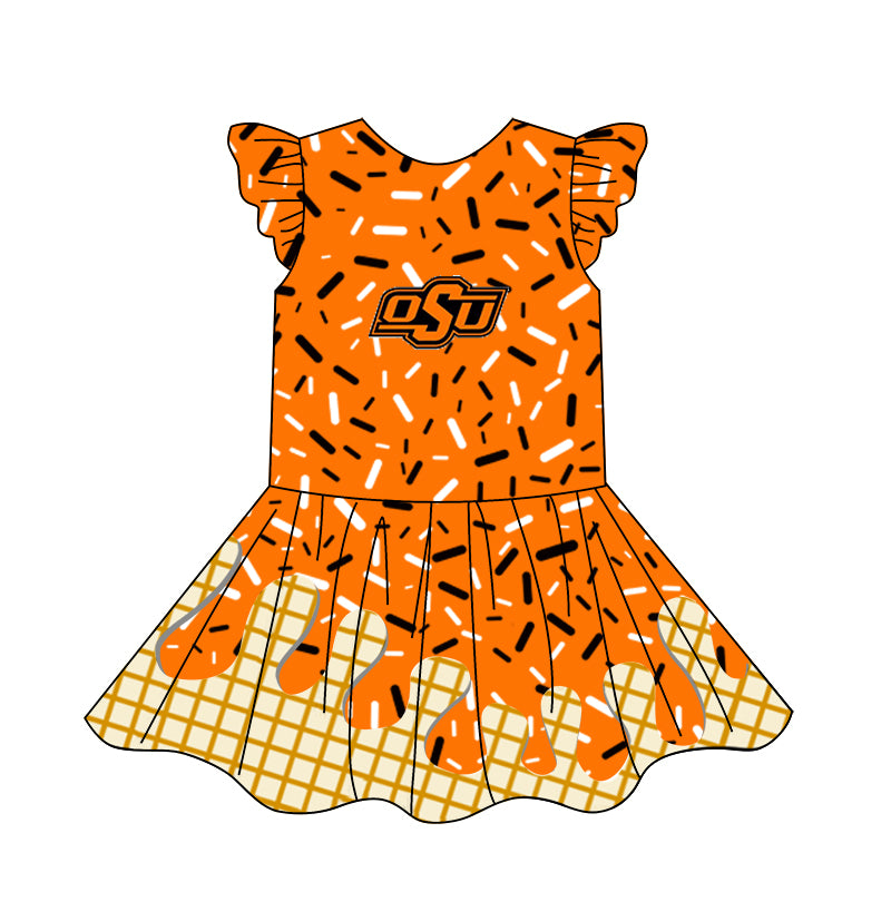 custom moq 3 eta 6-7weeks baby girls clothes team orange flying Sleeves Dress