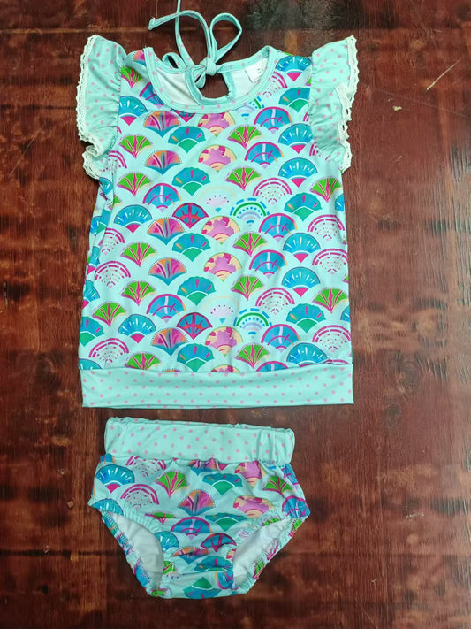 Custom moq 3 eta 6-7weeks  Colorful fan pattern lake green flying sleeve top and briefs set