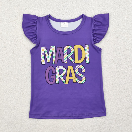 RTS NO MOQ（In Stock) GT0814 mardi gras letter purple flying sleeve top