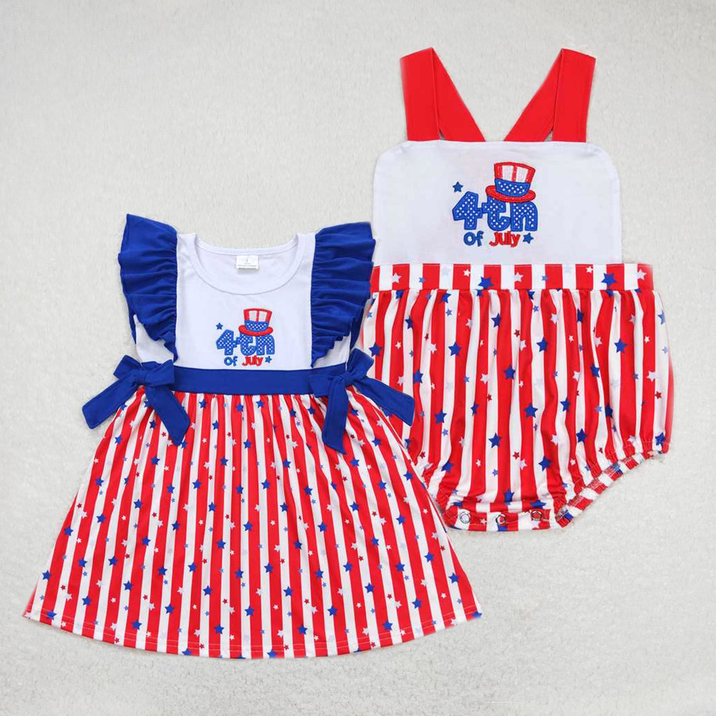 Baby girls 4TH OF JUY printed red stripes blue stars Sibling Sister Clothes Sets