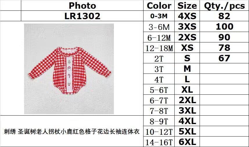 rts no moq LR1302 embroidery Christmas tree old man cane deer red plaid lace long sleeve jumpsuit