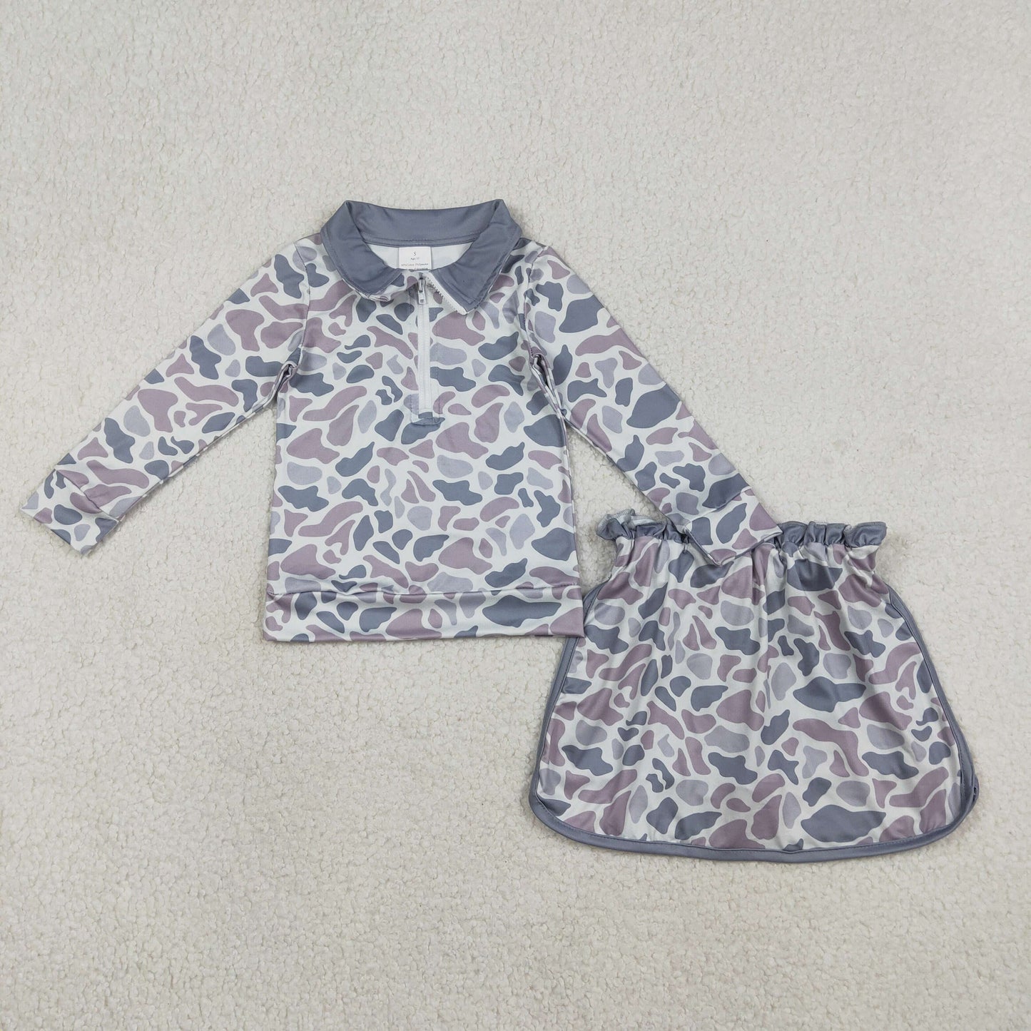 RTS NO MOQ（In Stock) GLD1548 Gray-blue camouflage zip-up long-sleeved skirt set