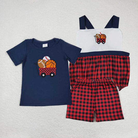 Baby boys Football basketball cart prints solid color red-black plaid Sibling Sister Clothes Sets