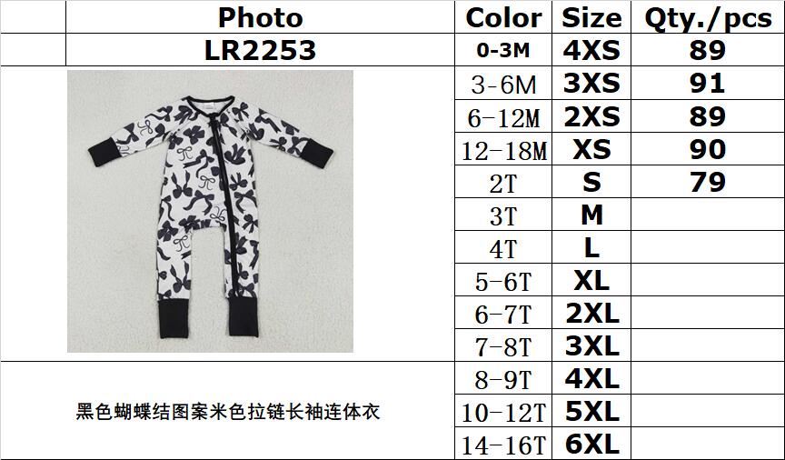 RTS NO MOQ LR2253 Black bow pattern beige zip-up long sleeve onesie