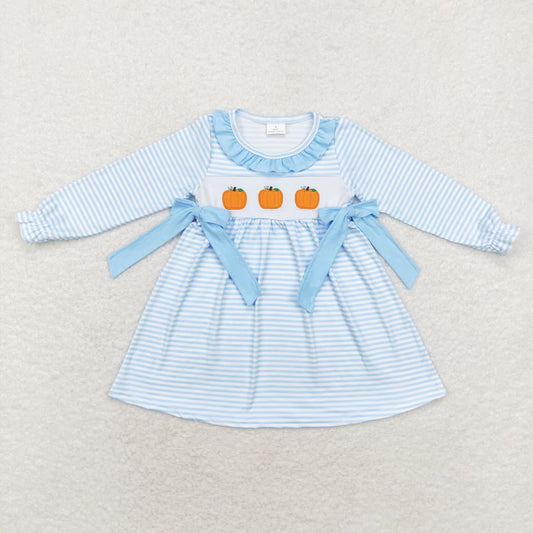 rts no moq GLD0614 Embroidered pumpkin blue lace striped long-sleeved dress