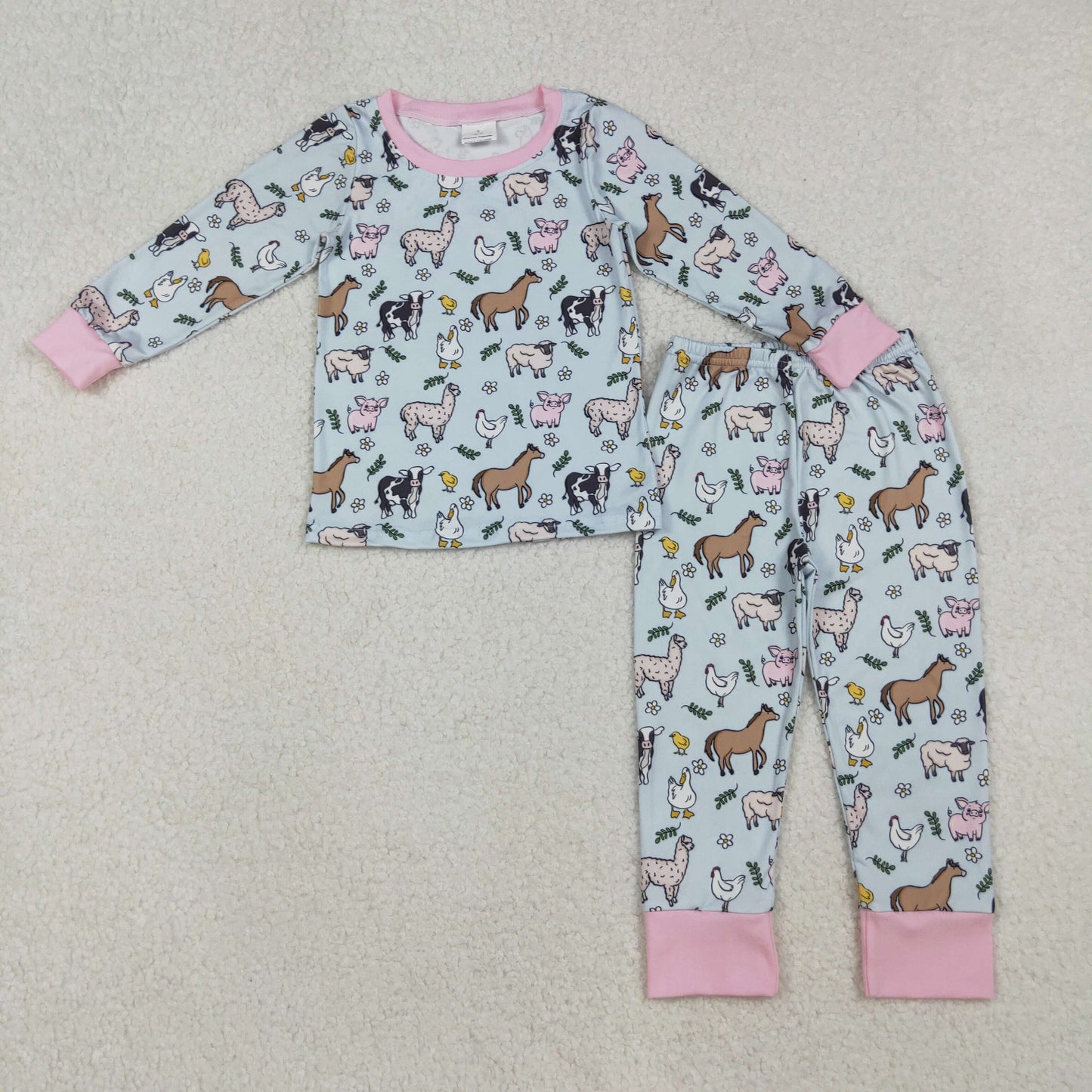 RTS NO MOQ（In Stock ）GLP2564 Farm Animal Alpaca Leaf and Flower Powder Blue Long-Sleeved Powder Pants Set