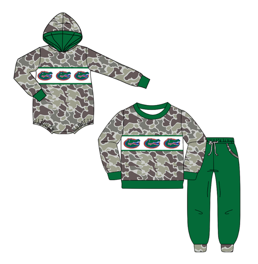 Custom moq 5 mix size milk silk summer teams baby boys clothes camouflage green hooded long sleeve pants sets and romper-25.10.20
