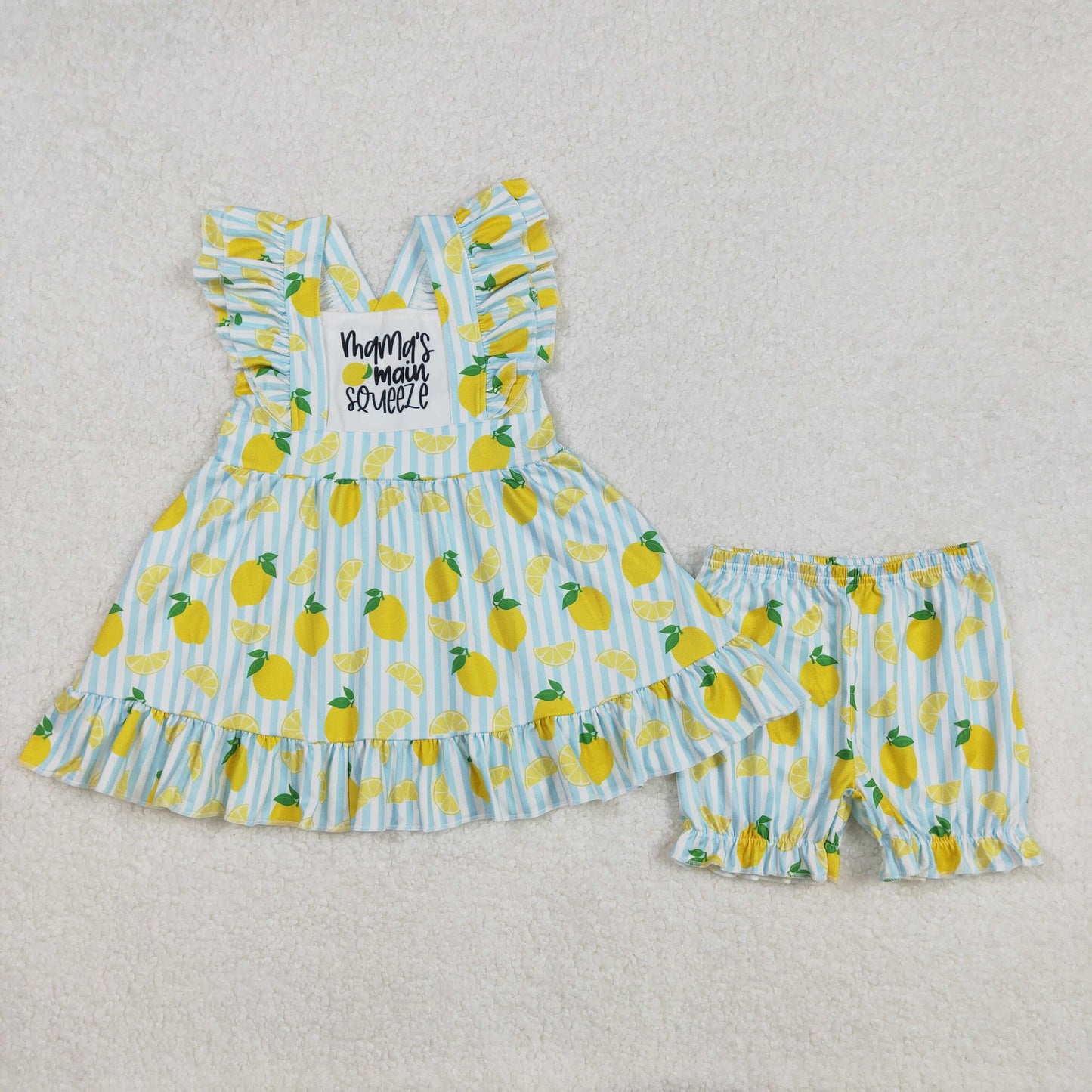 RTS NO MOQ ETA 5/7days Arrived GSSO2026 mama's main squeeze letter lemon striped lace sleeveless shorts set