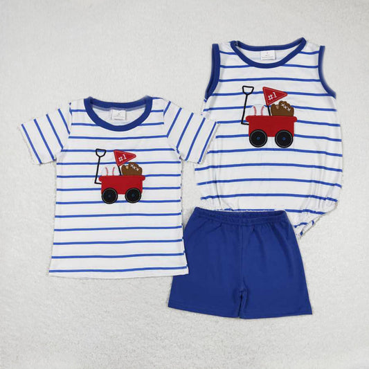 Baby boys baseball cart prints blue plaid white Sibling Sister Clothes Sets