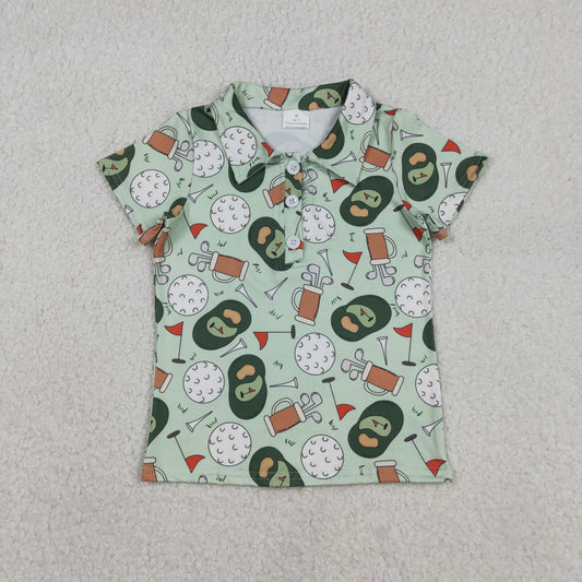RTS NO MOQ（In Stock) Green button-down collar short-sleeved top (golf tube pattern)
