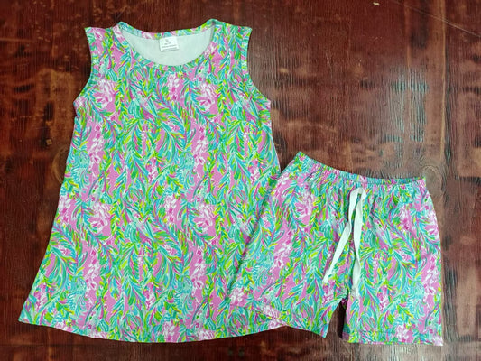 Custom moq 3 eta 6-7weeks baby girls clothes floral pattern sleeveless shorts sets