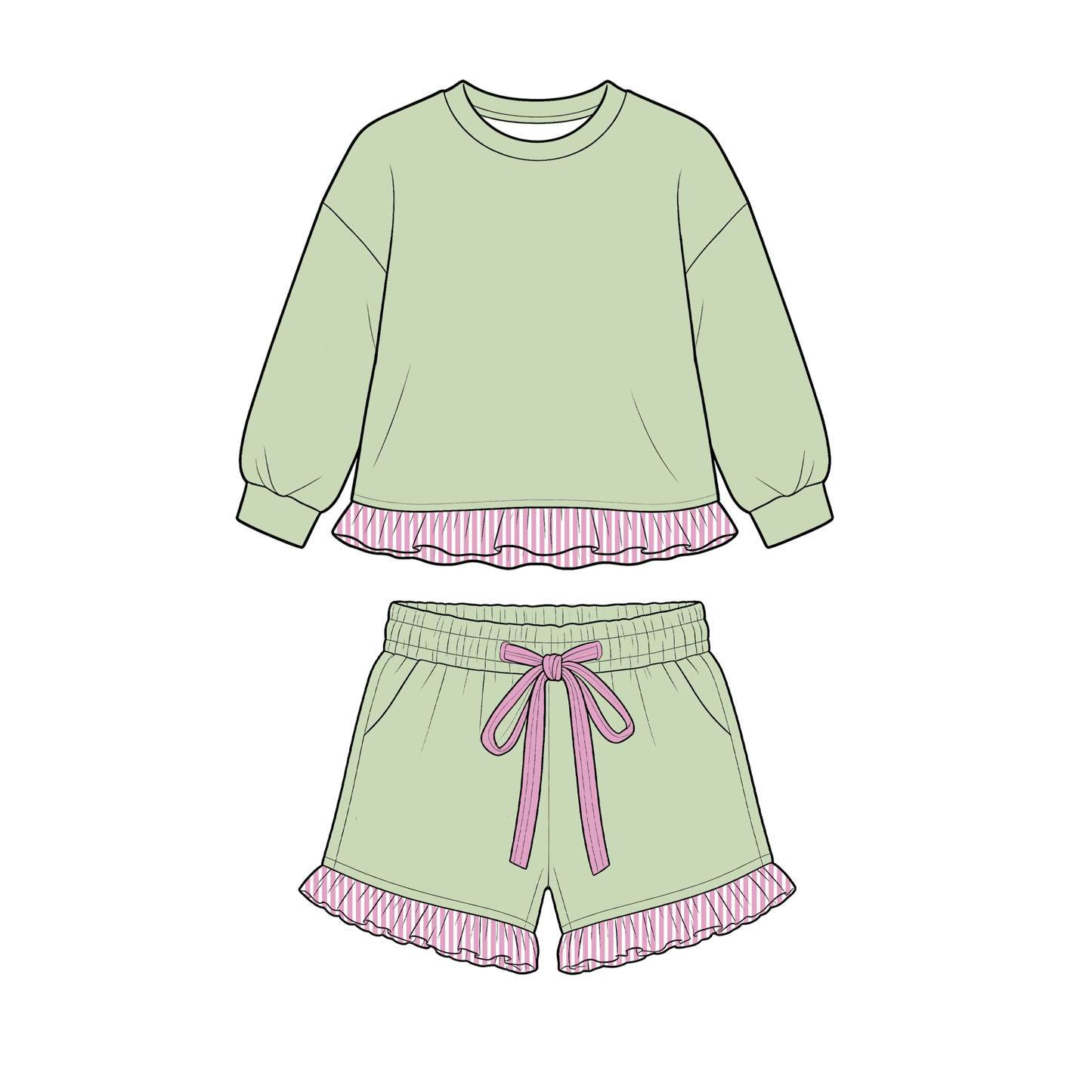moq 3 GSLS01 Baby Girls Long Sleeve Crewneck Sweatshirt Stripe Ruffle Hem Matching Shorts With Drawstring Pockets Outfit Set