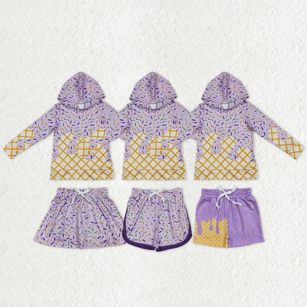 RTS Sibling baby girl boys clothes ice cream hooded long Sleeve Shorts sets