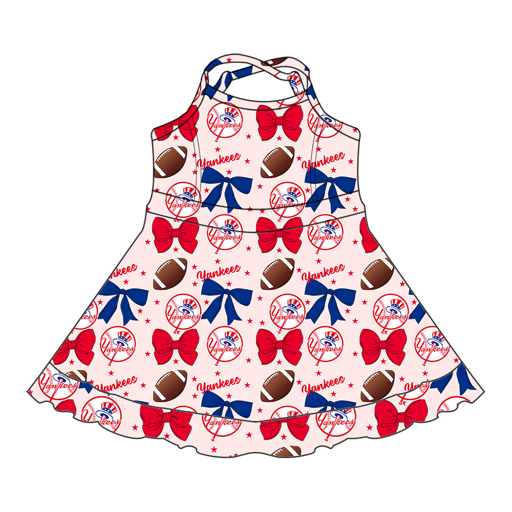 Custom moq 5 mix sizes summer teams baby girls clothes team baseball bow red sleeveless dress-25.6.14