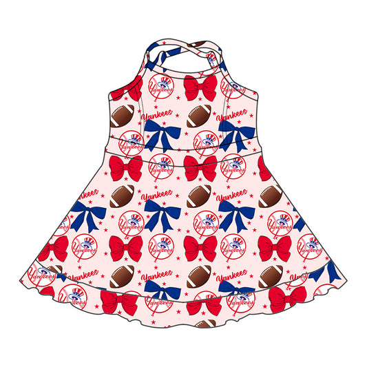 Custom moq 5 mix sizes summer teams baby girls clothes team baseball bow red sleeveless dress-25.6.14