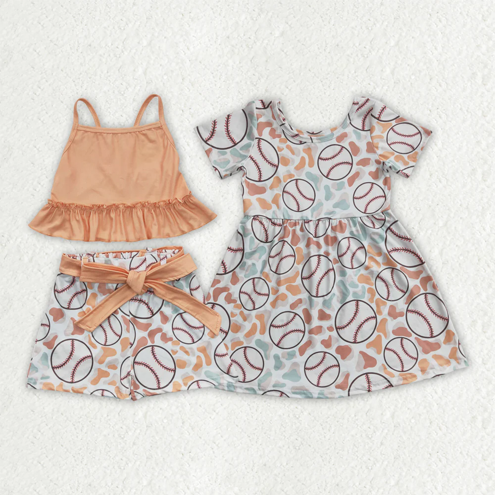 RTS NO MOQ baby Girls Clothes baseball short sleeve shorts Sets and dress
