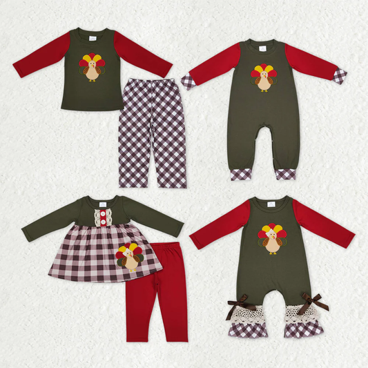 RTS NO MOQ Sibling Baby girls clothes Embroidery turkey long-sleeved trousers suit & rompers