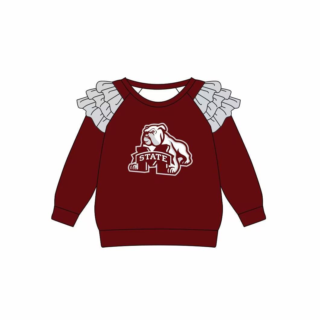 Custom moq 3 eta 6-7weeks team baby girls clothes dark red long sleeve top