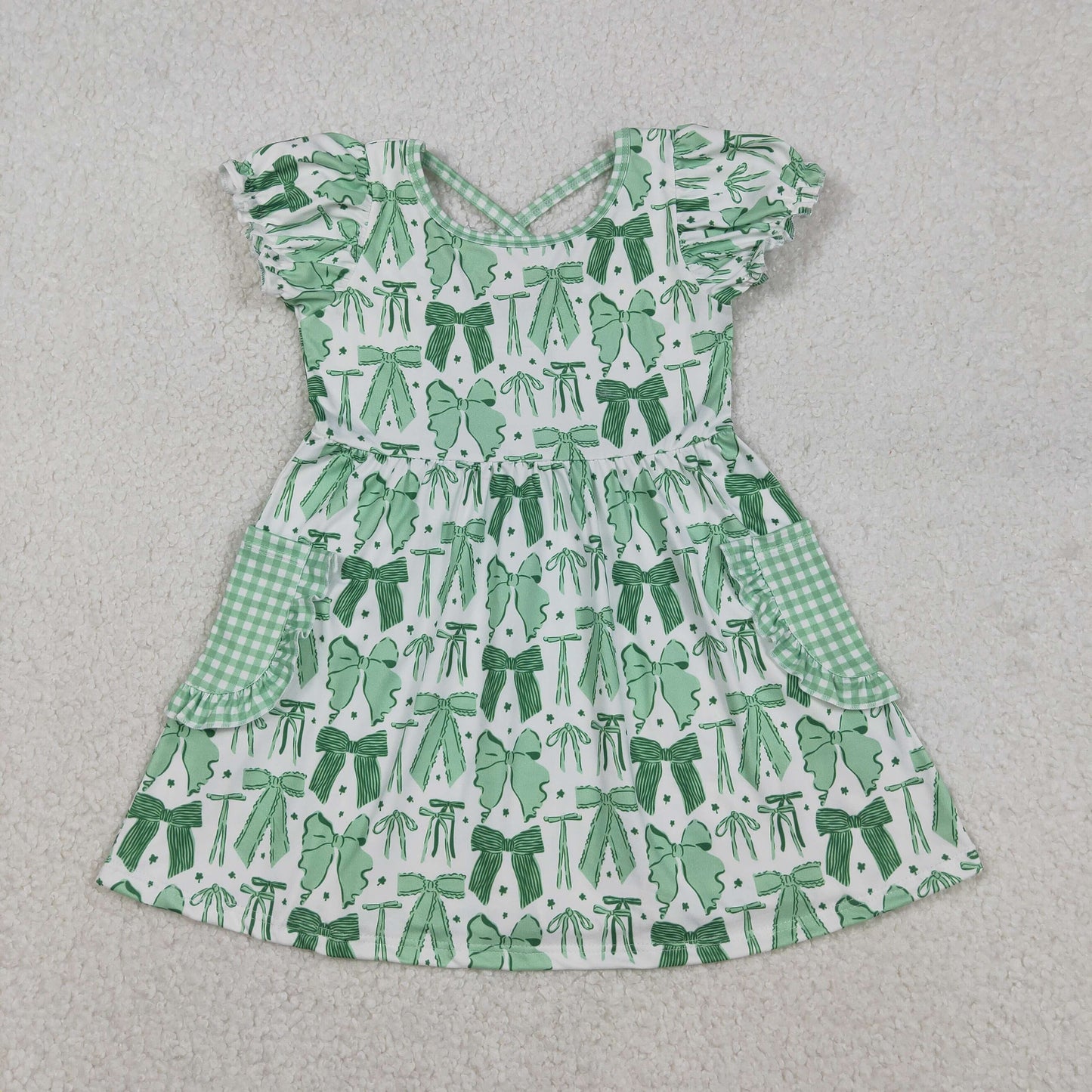 RTS NO MOQ（In Stock) Four-Leaf Clover Green Bow Pattern Plaid Lace Pocket White Short-Sleeve Dress
