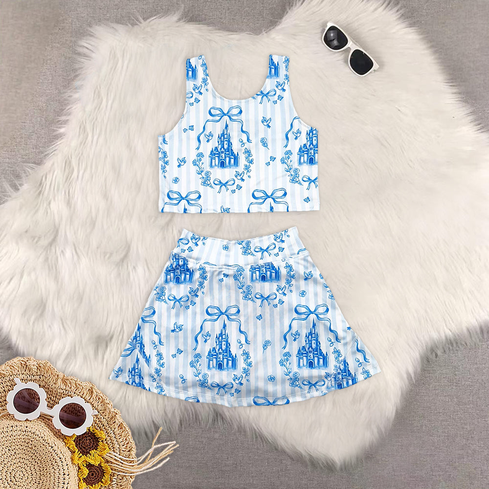 RTS NO MOQ Girls clothes blue yoga Dream short sleeve Clothes Sets dress