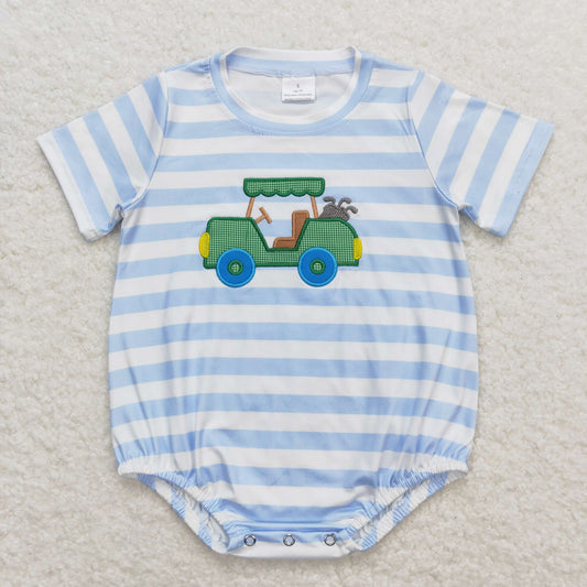 SR0795 Embroidery Golf Sightseeing Car Blue and White Striped Short Sleeve Jumpsuit