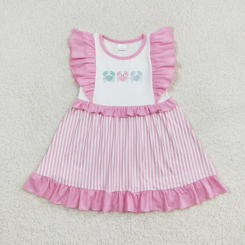 RTS NO MOQ Baby Girls Crabs Pink Summer Sibling Rompers Dresses Clothes Sets