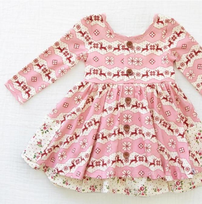 GLD0433 Reindeer Snowflake Flower Pink and White Button Long Sleeve Dress