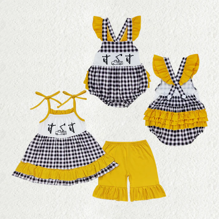RTS NO MOQ Baby Girls Line Man Black Checkered Sibling Rompers Clothes Sets print