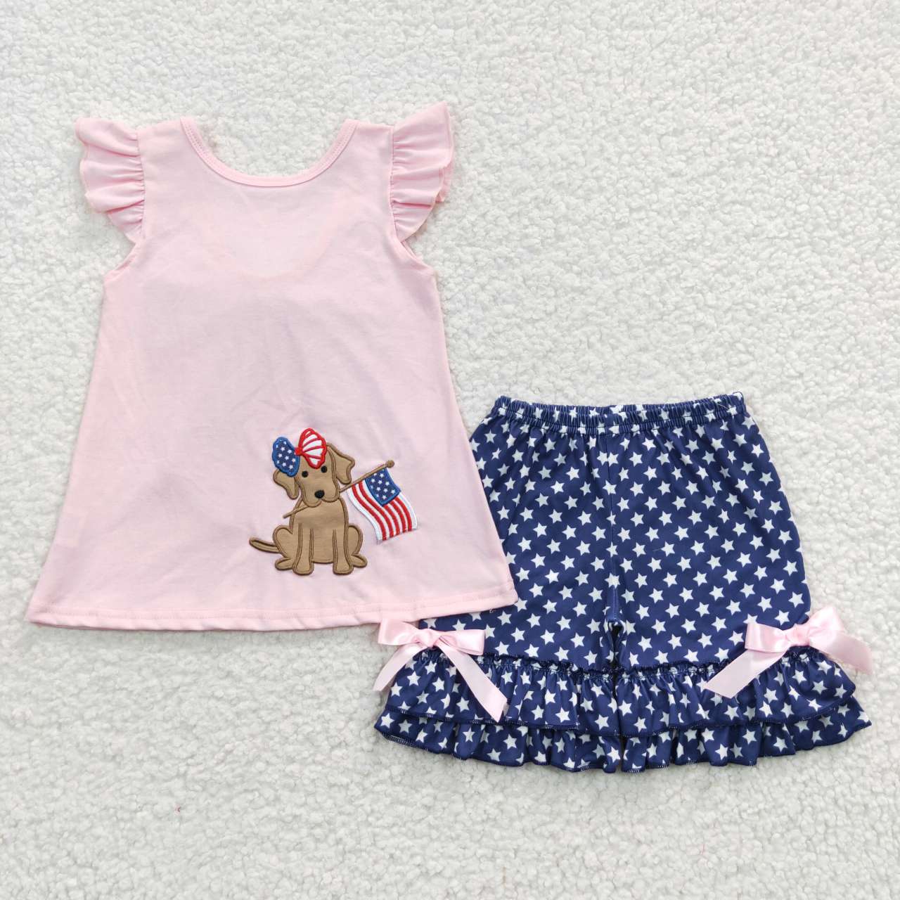 RTS NO MOQ（In Stock) Girls National Day Embroidered Puppy Pink Flying Sleeve Shorts Set