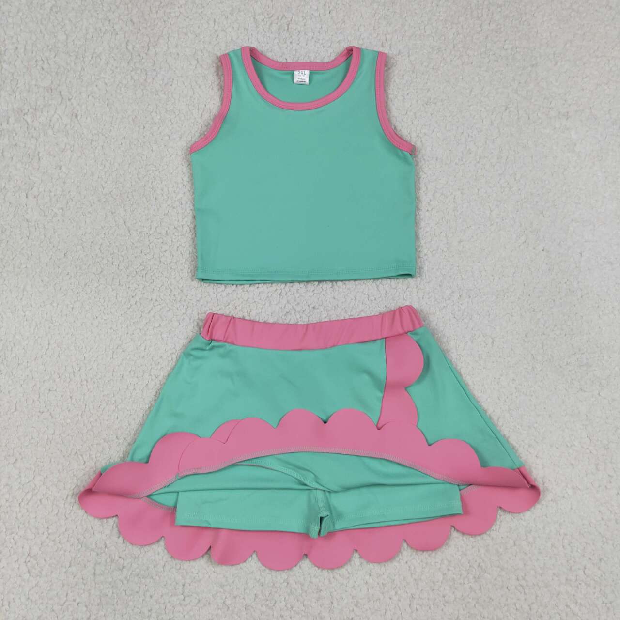 RTS NO MOQ yoga fabric cotton GSD4012 Baby Girls Summer Light Blue Sleeveless Scallop Skirt Yoga Set