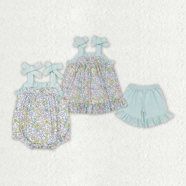 RTS Baby Girls Green Flowers Sibling Rompers Clothes Sets