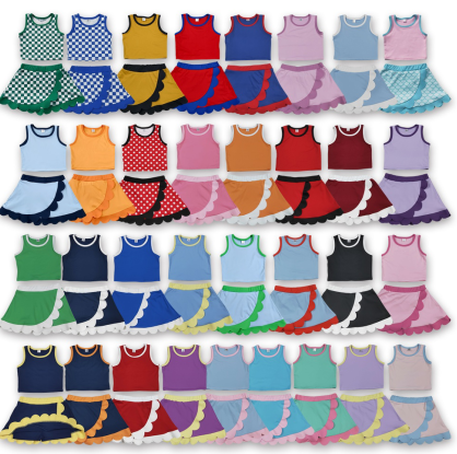 RTS NO MOQ Sibling yoga fabric Baby Girls Sleeveless Vest Scallop Skirt Short Yoga Active  Set