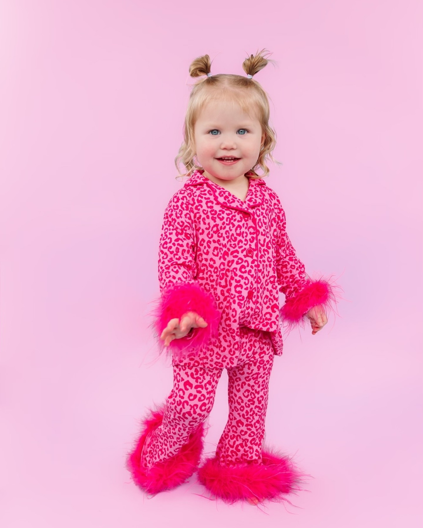 no moq Girls Leopard Print Furry Long Sleeve Pants Suit