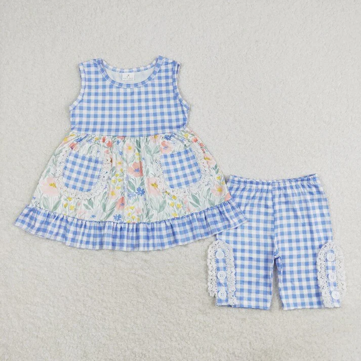 RTS NO MOQ Baby Girls Blue Flowers Checkered Sibling Rompers Dresses Clothes Sets