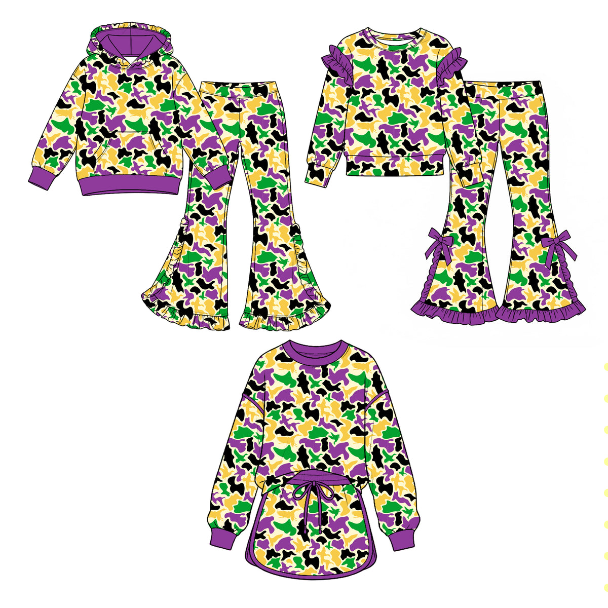 (Preorder new) No moq Baby Girls Camo Print Outfit Set Purple Green Gold Camouflage Hoodie Ruffle Flare Pants Girls Ruffle Sleeve Top Skirt Matching Clothes
